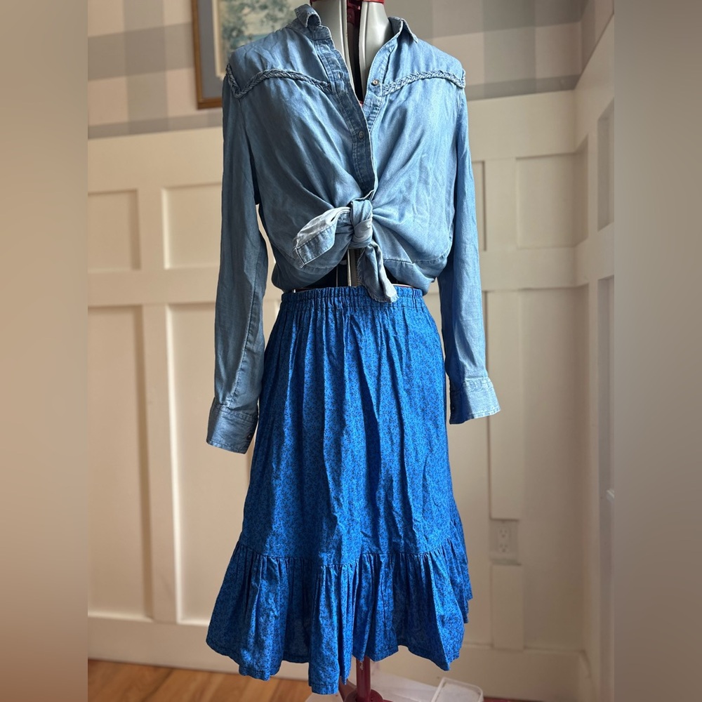Vintage Ruffle Blue Midi Skirt with Ruffle Hem Small - Picture 2 of 6